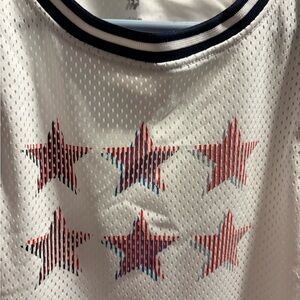 All in Motion White Tank Top with Red and Blue Star Design